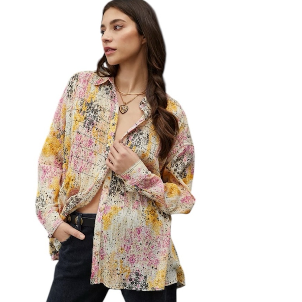 Pilcro Anthropologie Women’s Smocked Buttondown Top Size XS